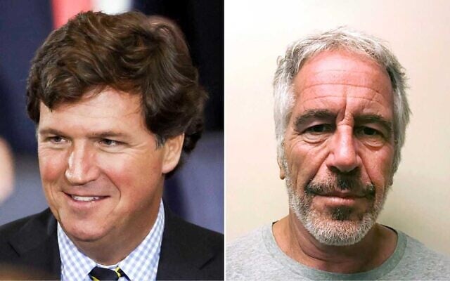 Left to right: Tucker Carlson attends the United States Capitol in Washington, DC, on January 20, 2025. (Pool/Getty Images North America/AFP); a photo provided by the New York State Sex Offender Registry shows disgraced financier Jeffrey Epstein, March 28, 2017. (New York State Sex Offender Registry via AP)