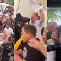 Screen grabs from videos posted to social media show right-wing demonstrators shouting profanities at MK Ayman Odeh, and surrounding his vehicle, in Ness Ziona, July 19, 2025. (X; used in accordance with article 27a of the Copyright Law)