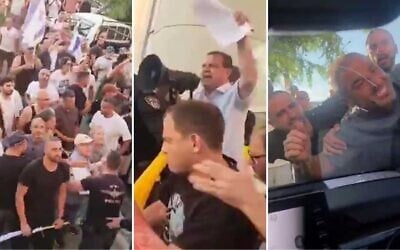 Screen grabs from videos posted to social media show right-wing demonstrators shouting profanities at MK Ayman Odeh, and surrounding his vehicle, in Ness Ziona, July 19, 2025. (X; used in accordance with article 27a of the Copyright Law)