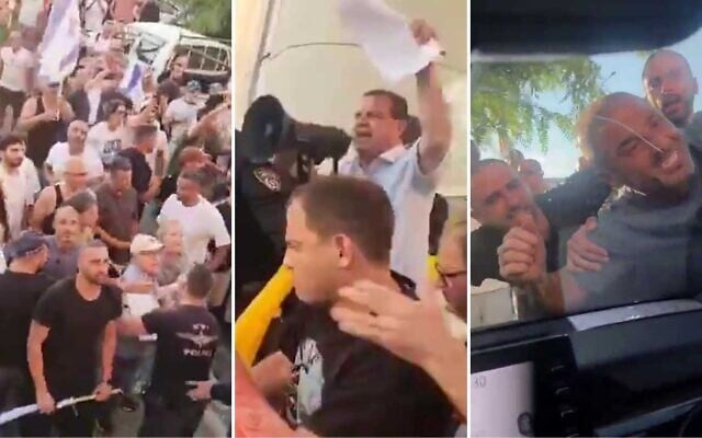 Screen grabs from videos posted to social media show right-wing demonstrators shouting profanities at MK Ayman Odeh, and surrounding his vehicle, in Ness Ziona, July 19, 2025. (X; used in accordance with article 27a of the Copyright Law)