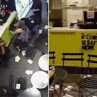 Several anti-Israel activists can be seen dropping fliers and spraying graffiti in the kosher Israeli-owned King David Burger restaurant in Athens, Greece, in an act of antisemitic vandalism, on July 12, 2025. (Social media/X; used in accordance with Clause 27a of the Copyright Law)