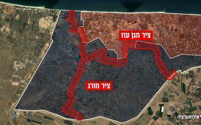 This illustration, published by the IDF on July 16, 2025, shows the route of the new Magen Oz corridor and the Morag Corridor in the southern Gaza Strip. (Israel Defense Forces)