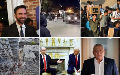 Clockwise from top left: New York Democratic mayoral candidate Zohran Mamdani (AP Photo/Heather Khalifa); Settlers riot outside the Binyamin Regional Brigade military base in the West Bank, June 29, 2025 (X screenshot); Palestinians pick up food parcels from a distribution point set up by the privately-run Gaza Humanitarian Foundation, June 25, 2025 (Eyad BABA / AFP); MK Gadi Eisenkot, July 1, 2025 (Erik Marmor/Flash90); Prime Minister Benjamin Netanyahu and US President Donald Trump at the Oval Office, April 7, 2025 (Kevin Dietsch / Getty Images via AFP); Residential buildings destroyed by an Iranian missile strike in Bat Yam, central Israel, June 15, 2025 (AP Photo/Baz Ratner).