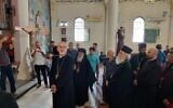 Latin Patriarch of Jerusalem Cardinal Pierbattista Pizzaballa and Orthodox Patriarch Theophilus III in Gaza City's Holy Family Church, July 18, 2025, a day after the church was damaged by a shell fired from a nearby Israeli tank (Greek Orthodox Patriarchate of Jerusalem)