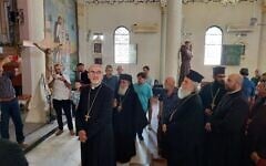 Latin Patriarch of Jerusalem Cardinal Pierbattista Pizzaballa and Orthodox Patriarch Theophilus III in Gaza City's Holy Family Church, July 18, 2025, a day after the church was damaged by a shell fired from a nearby Israeli tank (Greek Orthodox Patriarchate of Jerusalem)