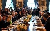 US President Donald Trump hosts Prime Minister Benjamin Netanyahu at the White House, with their respective teams, as the White House press corps watches, July 7, 2025. (GPO)