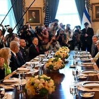 US President Donald Trump hosts Prime Minister Benjamin Netanyahu at the White House, with their respective teams, as the White House press corps watches, July 7, 2025. (GPO)