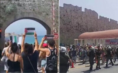Anti-Israel activists protest against the war in Gaza as the Crown Iris, an Israeli cruise ship, docks in Rhodes, Greece, on July 28, 2025. (Screenshot: X, used in accordance with Clause 27a of the Copyright Law)