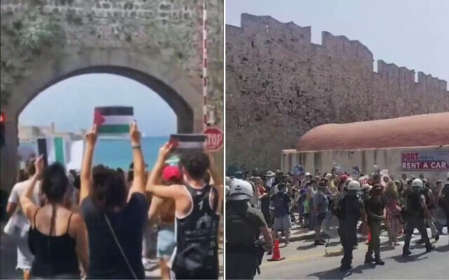 Anti-Israel activists protest against the war in Gaza as the Crown Iris, an Israeli cruise ship, docks in Rhodes, Greece, on July 28, 2025. (Screenshot: X, used in accordance with Clause 27a of the Copyright Law)
