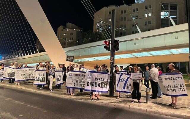 Protesters demand mandatory conscription for ultra-Orthodox men in Jerusalem on July 5, 2025. (Charlie Summers/Times of Israel) Protesters demand mandatory conscription for ultra-Orthodox men in Jerusalem on July 5, 2025. (Charlie Summers/Times of Israel)