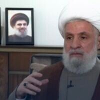 Hezbollah leader Naim Qassem speaks in an interview with the al-Mayadeen news outlet that aired on July 8, 2025. (X screenshot)