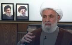 Hezbollah leader Naim Qassem speaks in an interview with the al-Mayadeen news outlet that aired on July 8, 2025. (X screenshot)