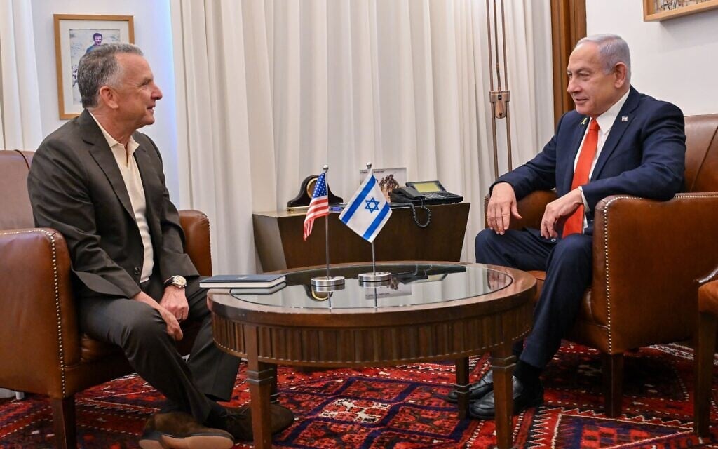 Prime Minister Benjamin Netanyahu, right, meets with US Special Envoy Steve Witkoff at his office in Jerusalem on July 31, 2025. (Kobi Gideon/GPO)