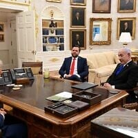 US President Donald Trump, left, meets US Vice President JD Vance, center, and Prime Minister Benjamin Netanyahu in the White House, July 8, 2025. (Avi Ohayon/GPO)