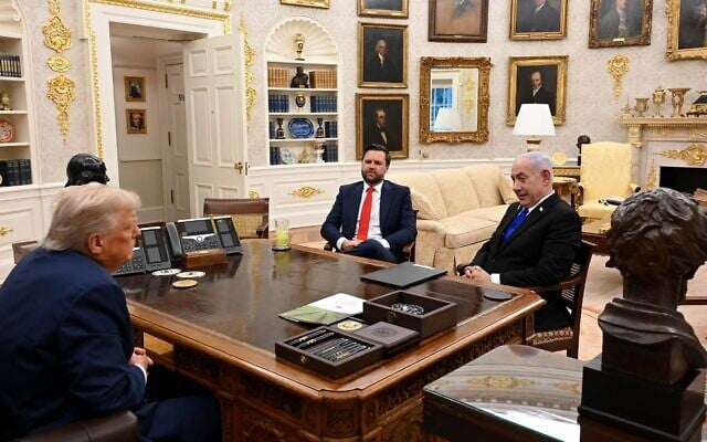 US President Donald Trump, left, meets US Vice President JD Vance, center, and Prime Minister Benjamin Netanyahu in the White House, July 8, 2025. (Avi Ohayon/GPO) US President Donald Trump, left, meets US Vice President JD Vance, center, and Prime Minister Benjamin Netanyahu in the White House, July 8, 2025. (Avi Ohayon/GPO)