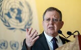 Israel's permanent representative to the United Nations in Geneva, Ambassador Daniel Meron, addresses reporters at the UN offices in Geneva on March 10, 2025. (Fabrice Coffrini/AFP)