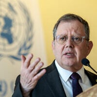 Israel's permanent representative to the United Nations in Geneva, Ambassador Daniel Meron, addresses reporters at the UN offices in Geneva on March 10, 2025. (Fabrice Coffrini/AFP)