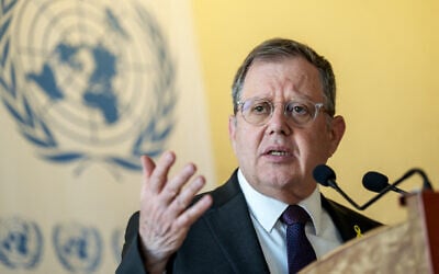 Israel's permanent representative to the United Nations in Geneva, Ambassador Daniel Meron, addresses reporters at the UN offices in Geneva on March 10, 2025. (Fabrice Coffrini/AFP)