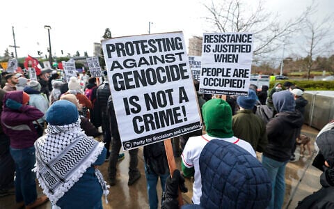 Pro-Palestinian, anti-Israel demonstrators protest the arrest of former Columbia University student activist Mahmoud Khalil in Seattle, Washington, March 15, 2025. (Jason Redmond / AFP)