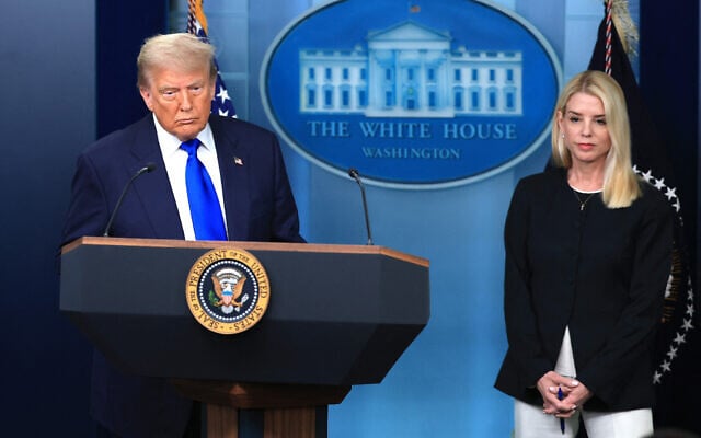 US President Donald Trump, joined by US Attorney General Pam Bondi, speaks on recent Supreme Court rulings in the briefing room at the White House on June 27, 2025 in Washington. (Joe Raedle/Getty Images/AFP)