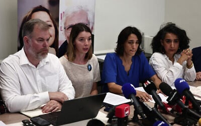 Anne Laure Paris (2nd-R) and Noemie Kohler (2nd-L), daughter of Jacques Paris and sister of Cecile Kohler (respectively), who are being held in Iran on espionage charges, speak during a press conference with their lawyers Martin Pradel (L) and Chirinne Ardakani (R) after the bombing of Evin prison in Iran, in Paris, on June 27, 2025. (Thibaud Moritz/AFP)