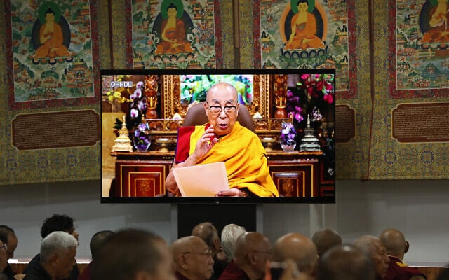 Tibetan spiritual leader the Dalai Lama speaks in a video broadcast at the start of the 15th Tibetan Religious Conference, a meeting of religious leaders in McLeod Ganj, near Dharamsala on July 2, 2025. (Sanjay BAID / AFP) Tibetan spiritual leader the Dalai Lama speaks in a video broadcast at the start of the 15th Tibetan Religious Conference, a meeting of religious leaders in McLeod Ganj, near Dharamsala on July 2, 2025. (Sanjay BAID / AFP)