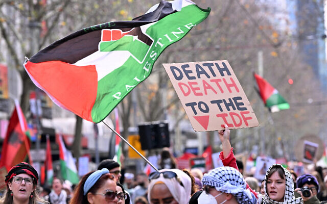 People hold placards and wave flags during an anti-Israel, pro-Palestinian march through the streets of Melbourne on July 6, 2025. (William WEST / AFP)