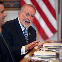 US Ambassador to Israel Mike Huckabee delivers remarks as US President Donald Trump hosts Prime Minister Benjamin Netanyahu for a dinner in the Blue Room of the White House on July 7, 2025, in Washington, DC. (Andrew Harnik / Getty Images via AFP)