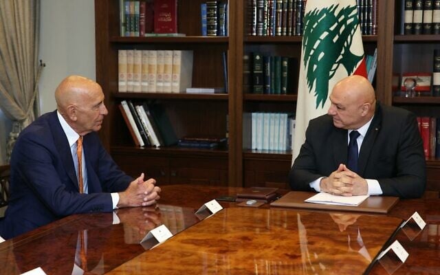 A handout photo released by the Lebanese Presidency press office on July 7, 2025, shows Lebanon's President Joseph Aoun (R) meeting with US envoy Thomas Barrack at the presidential palace of Baabda east of Beirut (Lebanese Presidency / AFP) A handout photo released by the Lebanese Presidency press office on July 7, 2025, shows Lebanon's President Joseph Aoun (R) meeting with US envoy Thomas Barrack at the presidential palace of Baabda east of Beirut (Lebanese Presidency / AFP)