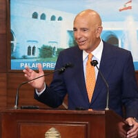 A handout photo released by the Lebanese Presidency press office on July 7, 2025, shows US envoy Thomas Barrack speaking to the press after his meeting with Lebanon's president at the presidential palace of Baabda east of Beirut. (Lebanese Presidency / AFP)