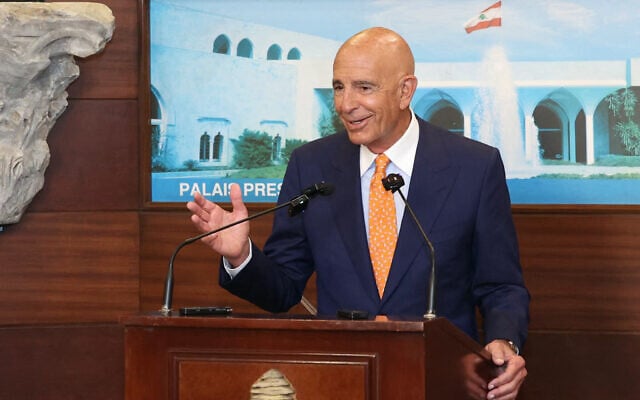 A handout photo released by the Lebanese Presidency press office on July 7, 2025, shows US envoy Thomas Barrack speaking to the press after his meeting with Lebanon's president at the presidential palace of Baabda east of Beirut. (Lebanese Presidency / AFP)