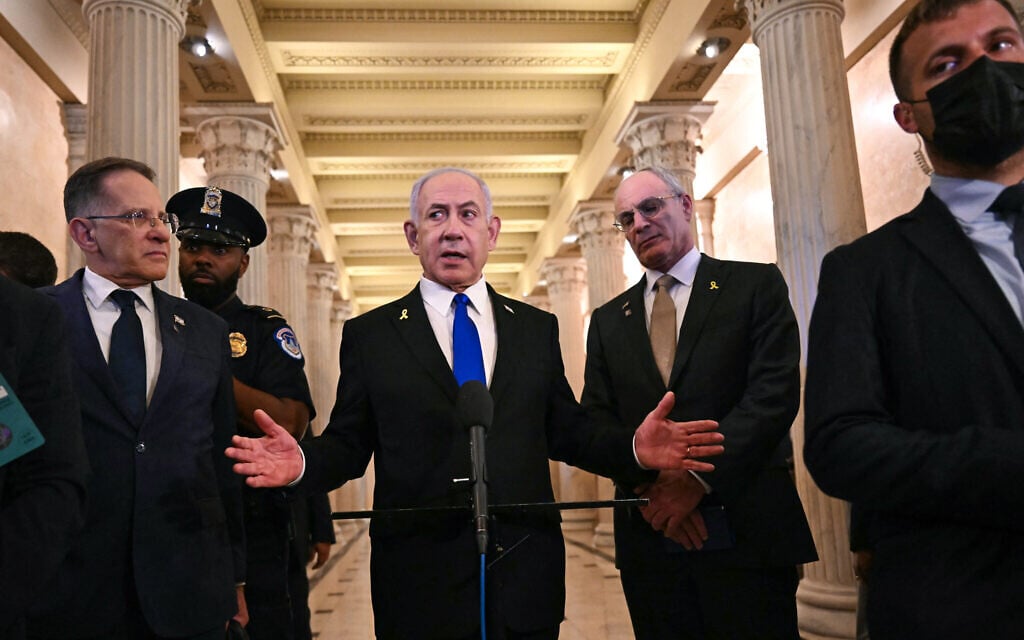 Prime Minister Benjamin Netanyahu (C) speaks to the press after meeting with US Speaker of the House Mike Johnson at the US Capitol in Washington, DC, on July 8, 2025. (Jim Watson/AFP)