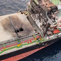 This handout picture released by Yemen's Houthi Ansarullah Media Centre on July 8, 2025, reportedly shows a view of damage to the Liberia-flagged bulk carrier Eternity C after it was attacked by the Houthis at sea. (ANSARULLAH MEDIA CENTER/ AFP)