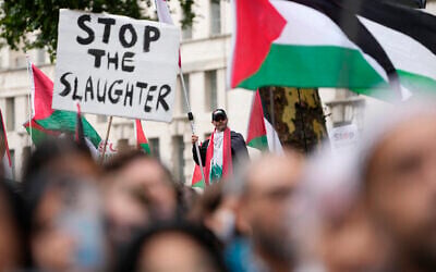 Pro-Palestinian supporters hold placards and wave flags on Downing Street in central London, on July 19, 2025, as they take part in a 'National March for Palestine' organized by the Palestine Solidarity Campaign. (CARLOS JASSO / AFP)