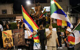 Members of the Druze community in the Israel-annexed Golan Heights gather for a rally in solidarity with the Druze community in Syria in the village of Majdal Shams in the Golan on July 19, 2025. (Jalaa Marey/AFP)