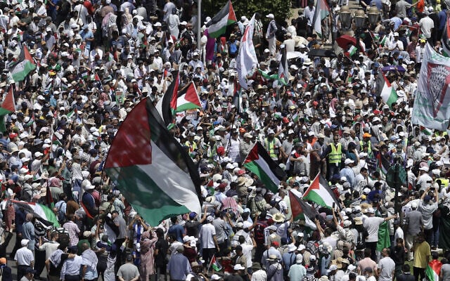Moroccans wave Palestinian flags during a protest in solidarity with Gaza and against Israel, in Rabat on July 19, 2025. (Abdel Majid Bziouat/AFP)