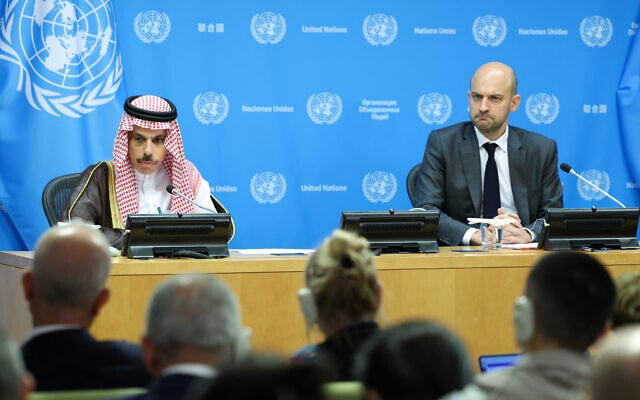 Saudi Arabia's Foreign Minister Faisal bin Farhan Al-Saud and French Foreign Minister Jean-Noel Barrot speak during a press conference during the United Nations conference on a two-state solution at UN headquarters on July 28, 2025, in New York City. (CHARLY TRIBALLEAU / AFP) Saudi Arabia's Foreign Minister Faisal bin Farhan Al-Saud and French Foreign Minister Jean-Noel Barrot speak during a press conference during the United Nations conference on a two-state solution at UN headquarters on July 28, 2025, in New York City. (CHARLY TRIBALLEAU / AFP)