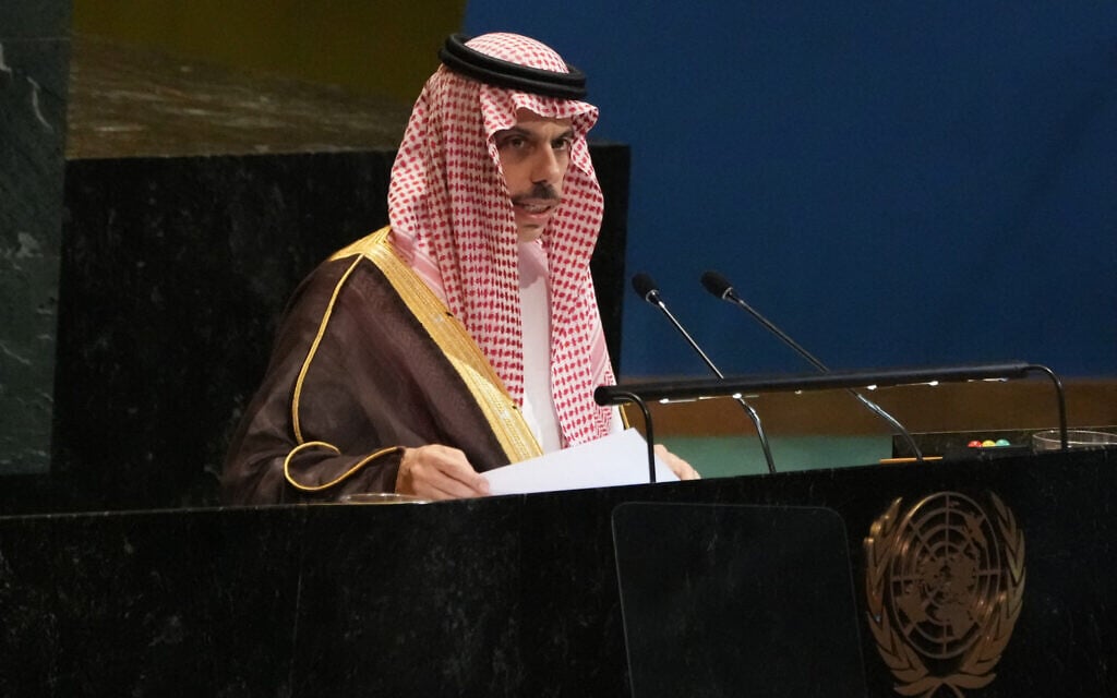 Saudi Foreign Minister Faisal bin Farhan Al-Saud speaks at a United Nations conference on a two-state solution at UN headquarters on July 28, 2025 in New York City. (TIMOTHY A. CLARY / AFP)