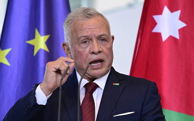 Jordan's King Abdullah II addresses a press conference with the German Chancellor at the Chancellery in Berlin on July 29, 2025. (Photo by John MACDOUGALL / AFP)