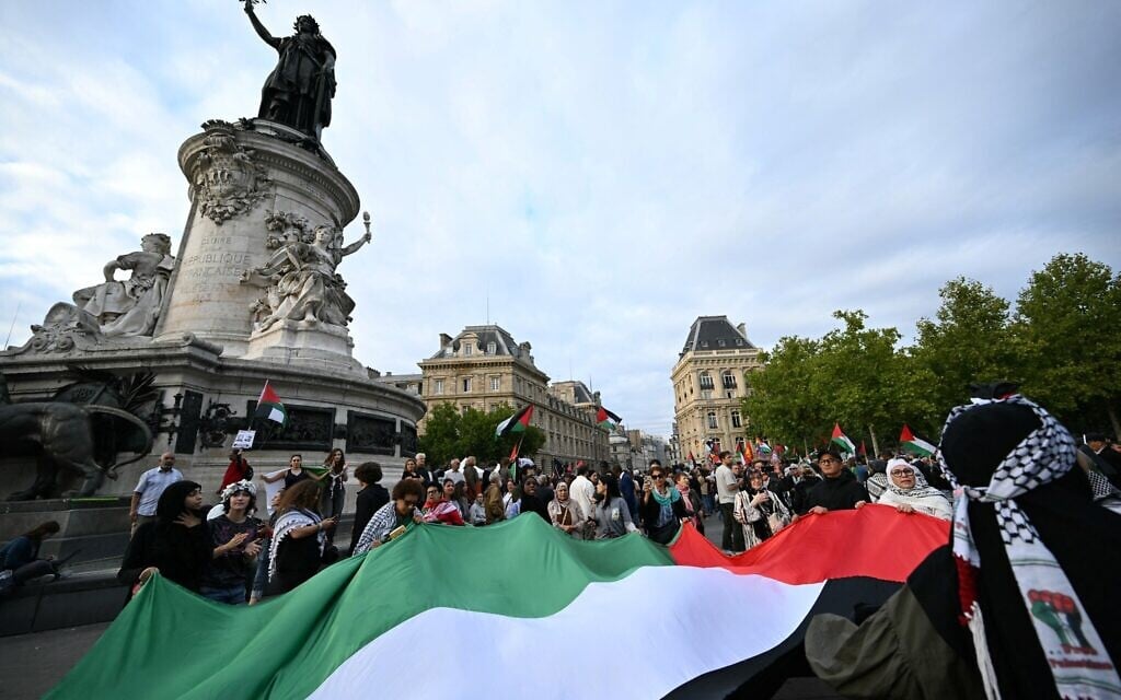 People hold up the Palestinian flag during a pro-Palestinian demonstration at the Place de la République in Paris on July 29, 2025. (Bertrand GUAY / AFP)