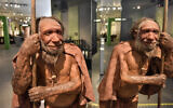 The reconstruction of a Homo neanderthalensis, who lived within Eurasia from circa 400,000 until 40,000 years ago, mirrors at the Neanderthal Museum in Mettmann, Germany, on July 3, 2019. (AP Photo/Martin Meissner)