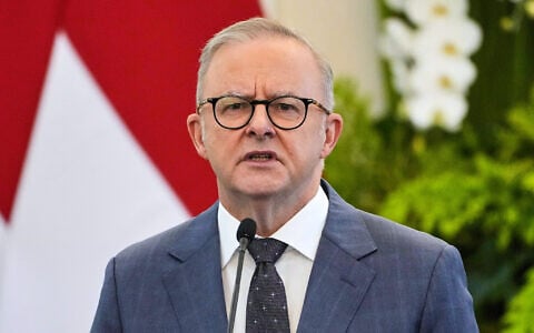 Australian Prime Minister Anthony Albanese speaks during a press conference at Merdeka Palace in Jakarta, Indonesia, May 15, 2025. (Dita Alangkara/AP)
