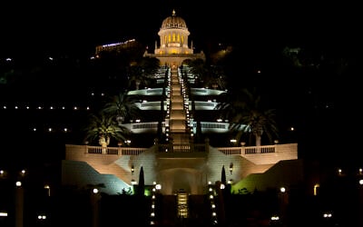 The Baha'i temple in the northern Israeli city of Haifa is seen at night on Wednesday, February 17, 2016. (AP Photo/Sebastian Scheiner, File)