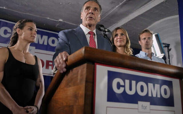 Mayoral candidate Andrew Cuomo, center, speaks to supporters gathered to watch the voting results of the Democratic party primary, Tuesday, June 24, 2025, in New York. (AP/Yuki Iwamura)