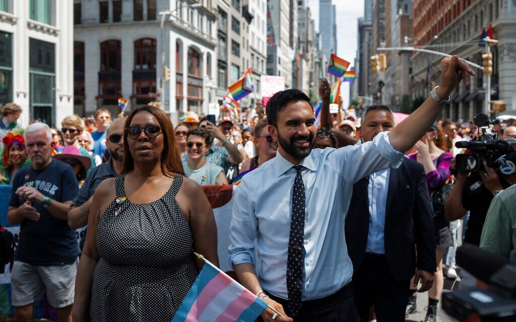 Democratic mayoral candidate Zohran Mamdani, right, and Attorney General of New York Letitia James walk in the NYC Pride March, June 29, 2025, in New York. (AP Photo/Olga Fedorova)