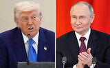 This combination photo shows US President Donald Trump in a business roundtable in Abu Dhabi, United Arab Emirates, May 16, 2025, left, and Russian President Vladimir Putin at a signing ceremony at the Kremlin in Moscow, May 10, 2025. (AP Photo, Files)