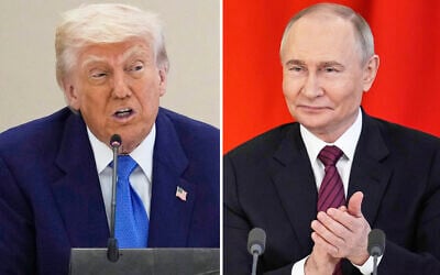 This combination photo shows US President Donald Trump in a business roundtable in Abu Dhabi, United Arab Emirates, May 16, 2025, left, and Russian President Vladimir Putin at a signing ceremony at the Kremlin in Moscow, Russia, May 10, 2025. (AP Photo, Files)