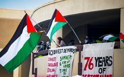 Anti-Israel, Pro-Palestinian US protesters wave flags from the second level of the Physical Sciences Lecture Hall after they took over the building at the University of California, Irvine, May 15, 2024, in Irvine, California. (Leonard Ortiz/The Orange County Register via AP, File)