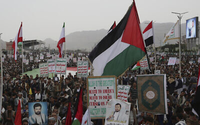 Houthi supporters shout slogans during an anti-US and anti-Israel weekly rally in Sanaa, Yemen, July 4, 2025. (AP Photo/Osamah Abdulrahman)