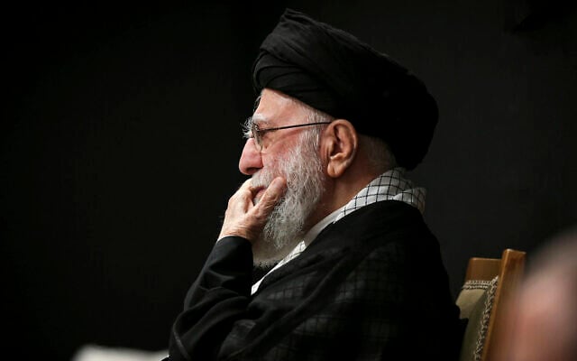 In this photo provided by the Office of the Iranian Supreme Leader, Supreme Leader Ayatollah Ali Khamenei attends the "Tasua" (ninth day) mourning ritual to commemorate martyrdom of Prophet Mohammad's grandson Imam Hussein, during the Islamic month of Muharram ahead of Ashura, July 5, 2025. (Office of the Iranian Supreme Leader via AP)